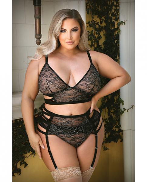 Tease Kelsey Criss Cross Metallic Lace Bralette, Garterbelt & Panty Black 3x/4x