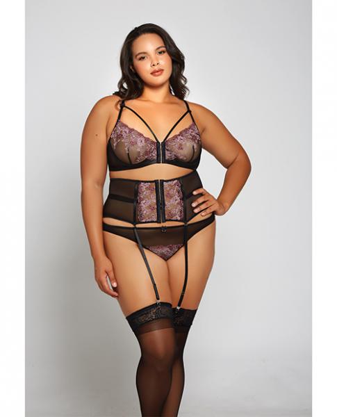 Jacquard Lace, Fine Mesh, Waist Cincher Garter & Thong Fuchsia/black 2x