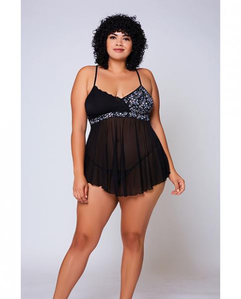 Galloon Lace, Micro Fiber & Fine Mesh Soft Cup Babydoll W/g-string Navy/black 2x
