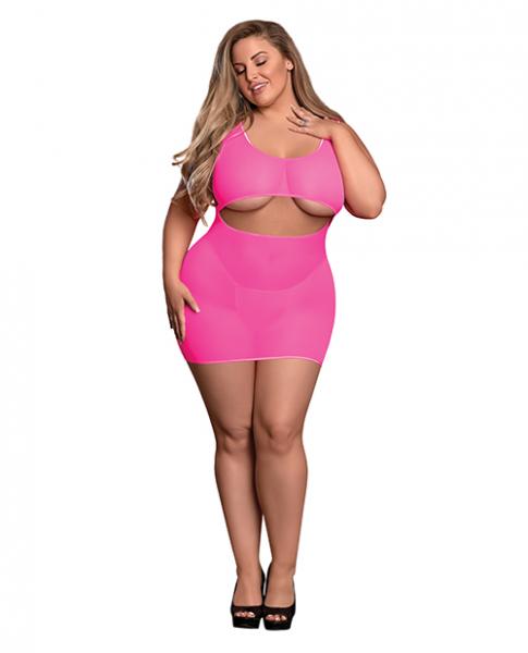 Sheer Mesh Underboob Dress & Crotchless G-string Pink  Qn