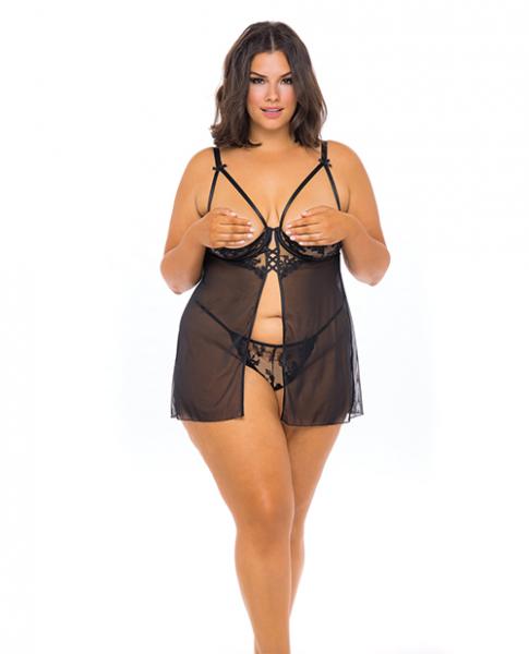 Kira Embroidered Open Cup Flyaway Babydoll & G-string Black 2x