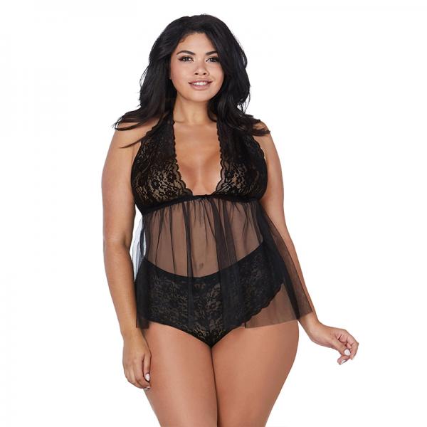 Dreamgirl Retro Short, Stretch Lace And Mesh Halter Babydoll Black Queen