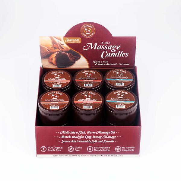 Earthly Body Hemp Seed Holiday Candle Display Includes: 4 Of Each Hemp Seed 3-in-1 Massage Candle 6