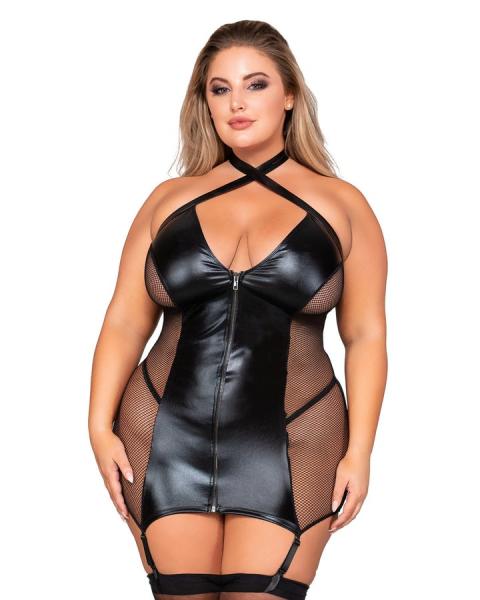 Faux Leather & Fishnet Garter Dress Black Q/s