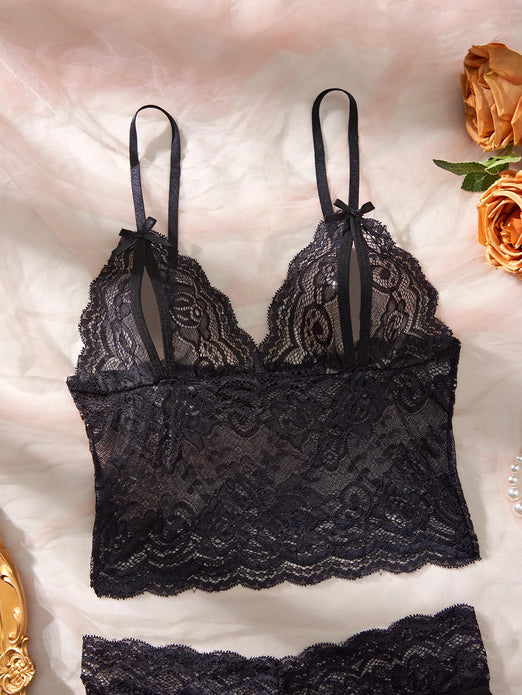Black Open-Back Lace Two-Piece Panties Underwear Sleep Set