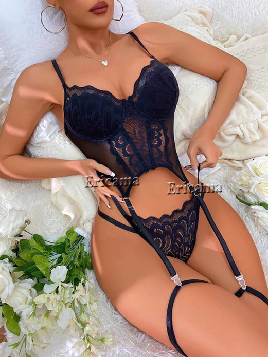 Floral Lace Garter Lingerie Set With Choker