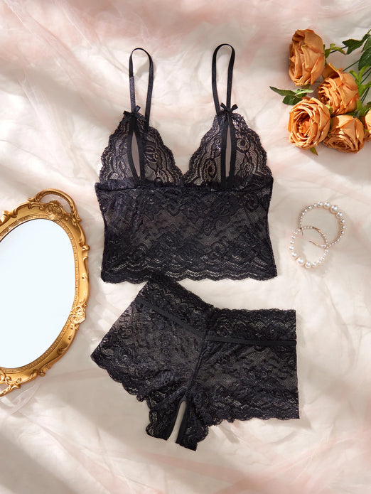 Black Open-Back Lace Two-Piece Panties Underwear Sleep Set