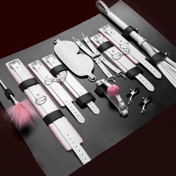 Deluxe Couples Bondage Kit Leather Whip Handcuffs