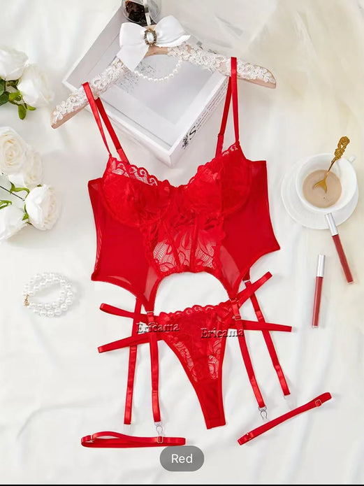 Floral Lace Garter Lingerie Set With Choker