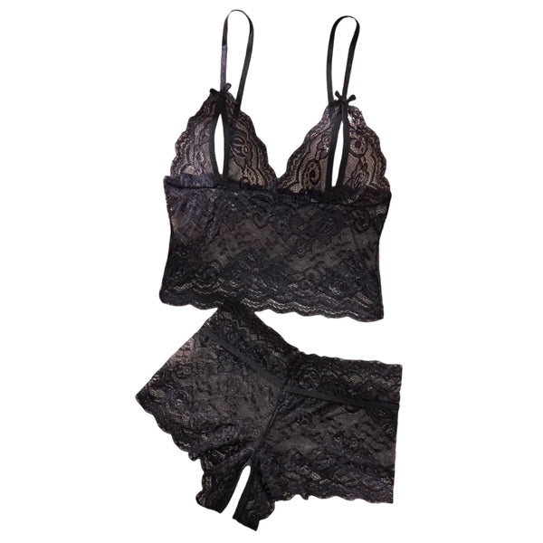 Black Open-Back Lace Two-Piece Panties Underwear Sleep Set