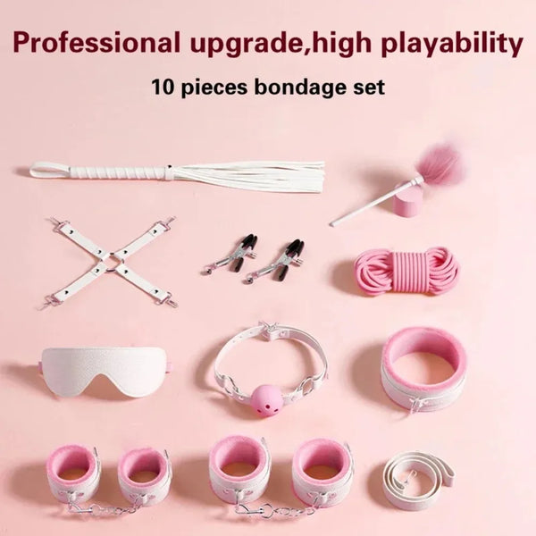 Deluxe Couples Bondage Kit Leather Whip Handcuffs