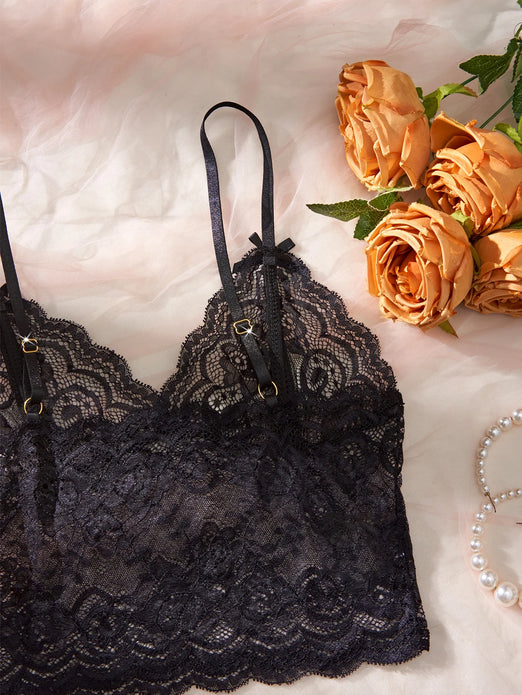 Black Open-Back Lace Two-Piece Panties Underwear Sleep Set