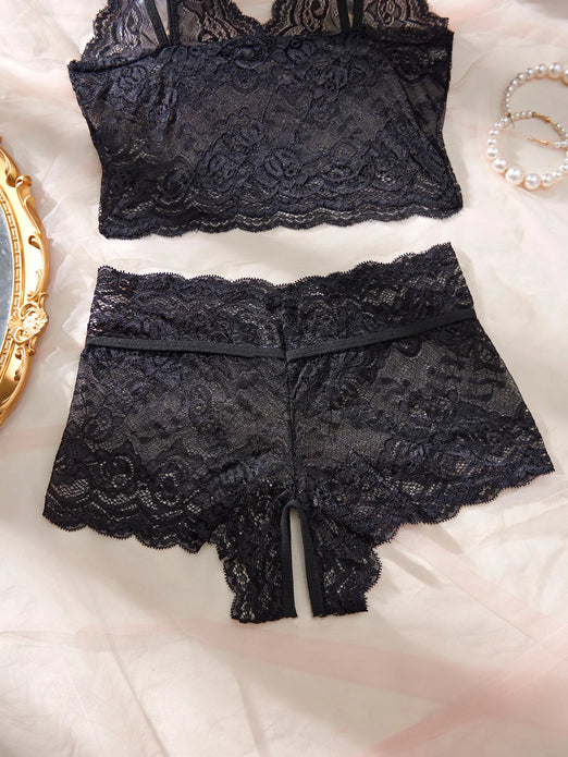 Black Open-Back Lace Two-Piece Panties Underwear Sleep Set