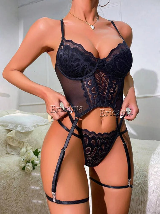 Floral Lace Garter Lingerie Set With Choker
