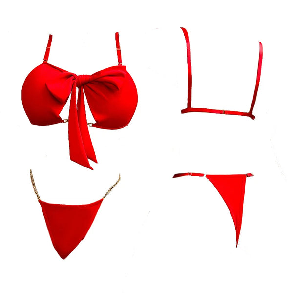 Bowknot Tie Top Erotic Backless Bra Panty Two-Piece Set Underwear Female Thongs Bralette Outfits