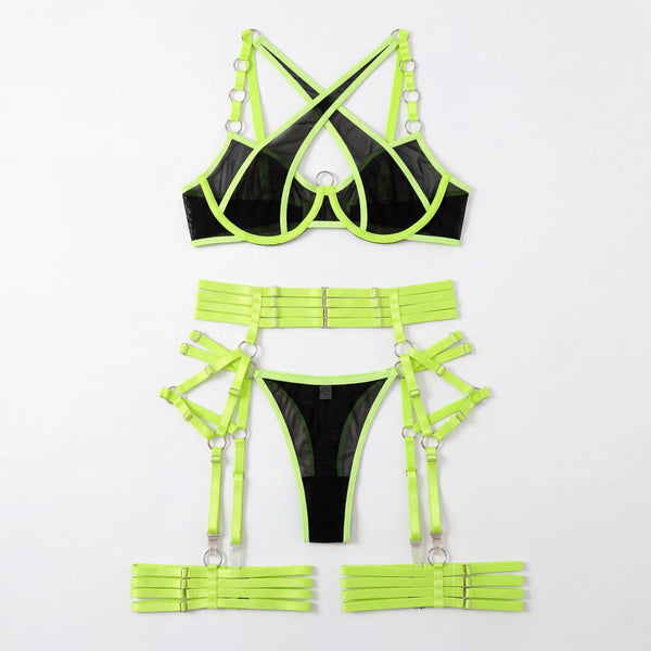 Neon Green Cross Strap Lingerie Set Underwire Bra Garter Belt Thong Leg Garter