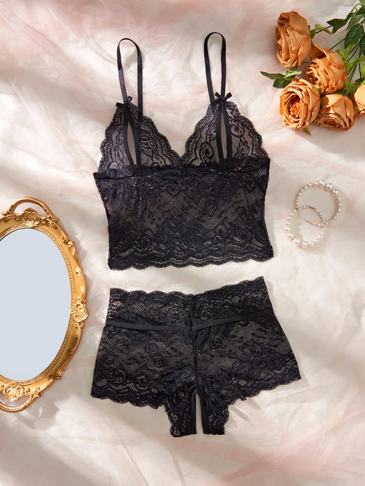 Black Open-Back Lace Two-Piece Panties Underwear Sleep Set