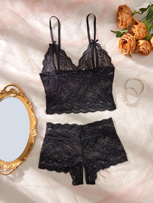 Black Open-Back Lace Two-Piece Panties Underwear Sleep Set