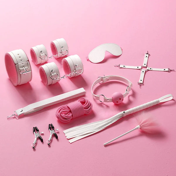 Deluxe Couples Bondage Kit Leather Whip Handcuffs