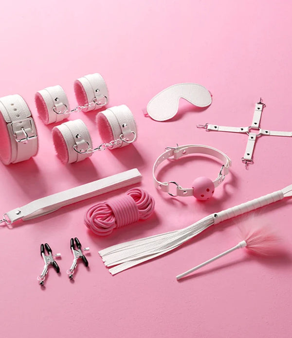 Deluxe Couples Bondage Kit Leather Whip Handcuffs